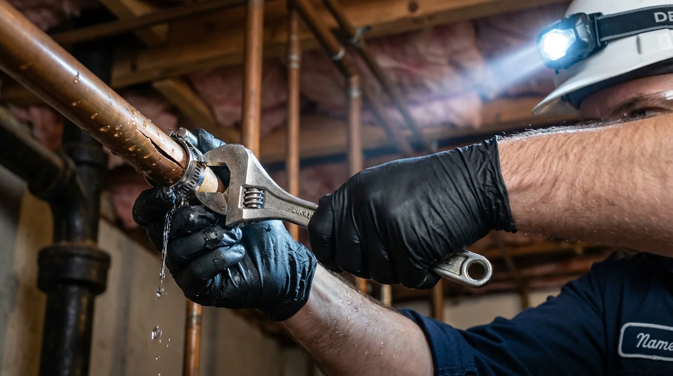 Emergency pipe clamp repair being performed by a Johns Plumbing LLC plumber in Colquitt