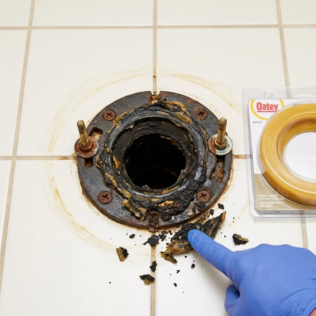 Failed wax ring showing water seepage at the base of a toilet in a Colquitt, GA home