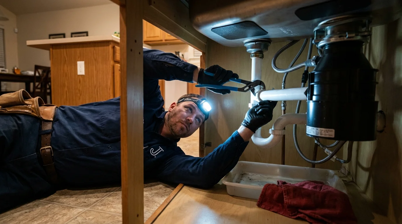 P-trap and supply line connections under a kitchen sink showing a common leak point in Colquitt, GA